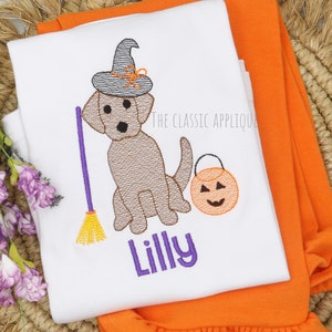 Halloween Mädchen Hexe Hund mit Besen Skizzenfüllung, Lichtfüllen, Maschinenstickerei Stickdatei