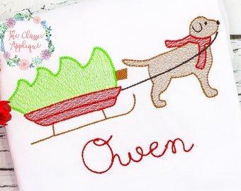 Lab dog pulling Christmas tree in winter sled sketch fill, light fill, quick stitch, boy, machine embroidery design file