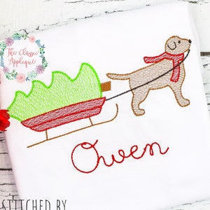 May include: Embroidered design of a dog pulling a sled with a Christmas tree on it. The name "Owen" is embroidered below the design. The design is stitched on a white t-shirt.