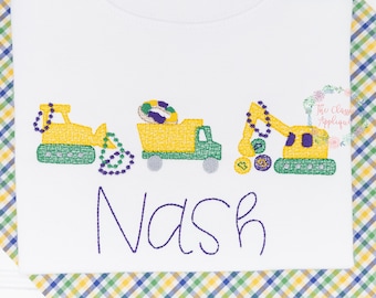 Mardi Gras constructions trucks trio with beads sketch fill, light fill, quick stitch machine embroidery design file