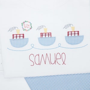 Summer tugboats trio on wave zig zag applique machine embroidery design file