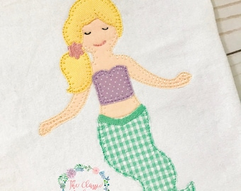Mermaid blanket stitch applique, vintage style machine embroidery design file