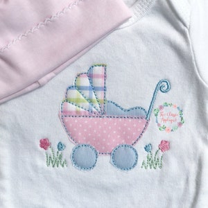 ベビーカー、花付き乳母車、豆ステッチ、ビンテージ アップリケ機械刺繍デザイン ファイル