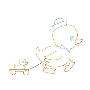 boy duck chick vintage stitch, quick stitch, bean stitch emrboidery design