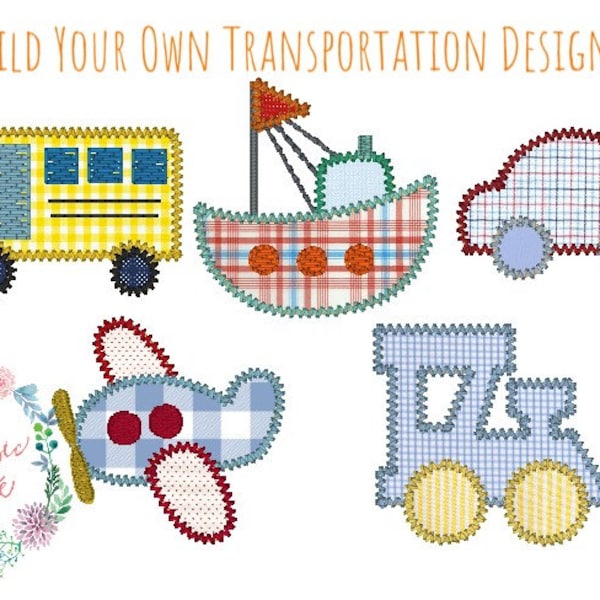 5 separate Mini Zick-Zack-Applikation Transport Maschine Stickerei Designs zu "Build Your Own" Trio