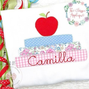 Back to school stacked books with apple zig zag applique machine embroidery design