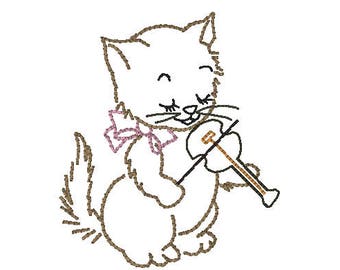 kitten and fiddle nursery rhyme vintage stitch, quick stitch sketch embroidery design file in mini, 4x4, and 5x7