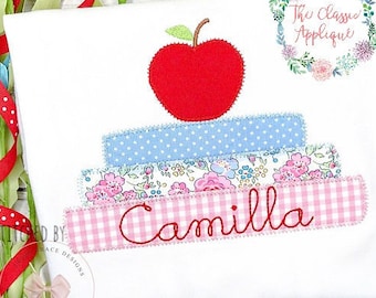 Back to school stacked books with apple zig zag applique machine embroidery design