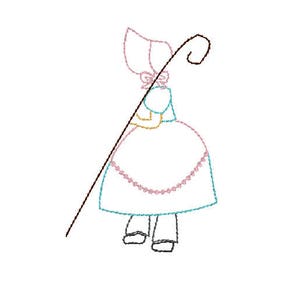 May include: A line drawing of a girl wearing a pink and blue dress and a bonnet. She is holding a shepherd's crook in her right hand.