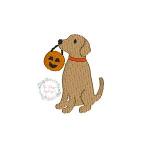Halloween dog holding jack o lantern candy basket mini fill stitch machine embroidery design file