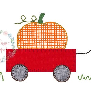 Fall pumpkin in red wagon blanket stitch,vintage style applique vintage stitch grass machine embroidery design