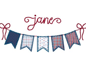 Patriotic bunting blanket stitch applique with vintage stitch bow detail machine embroidery design