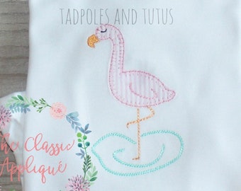 blanket stitch, vintage style flamingo applique in vintage stitch water machine embroidery design