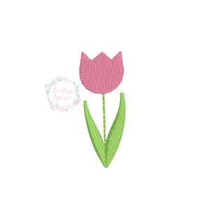 May include: A pink tulip with green leaves. The flower is simple and stylized.