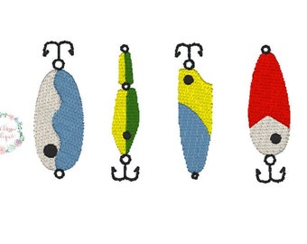 4 arquivos separados e combinados de mini iscas de pesca com ponto de preenchimento, arquivos de design de bordado de máquina de verão