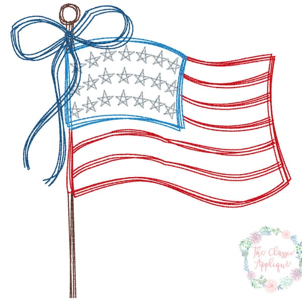 Patriotic American flag with bow doodle vintage stitch machine embroidery design file