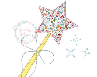 Princess magic wand blanket stitch finish applique with vintage stitch bow and stars machine embroidery design