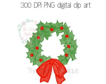 Christmas wreath with bow watercolor PNG digital clip art file for sublimation, heat transfer, paper goods, scrapbooking, and more