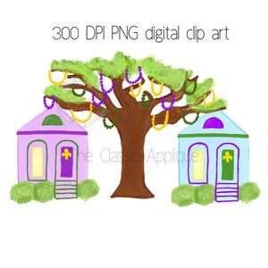 May include: A digital clip art image of two houses with purple and blue doors, decorated with green bushes and a large tree with purple and gold beads hanging from the branches. The text "300 DPI PNG digital clip art" is at the top of the image.