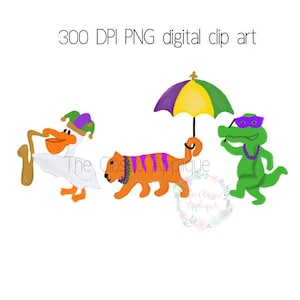 Pelikan, Tiger, Alligator Mardi Gras Parade Aquarell PNG druckbare digitale Wasser Farbe Datei für Sublimation, Wärmeübertragung, Papierwaren