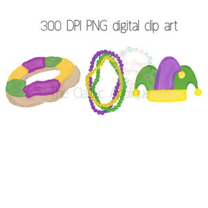 May include: A set of three Mardi Gras themed digital clip art images. The images include a purple, green, and gold donut, a purple and green beaded necklace, and a purple and green jester hat.