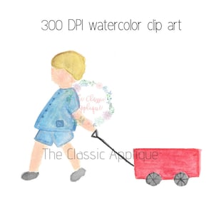 Junge ziehen roten Wagen Aquarell PNG digitale ClipArt, kleine junge ClipArt, ersten Geburtstag, von Hand bemalt