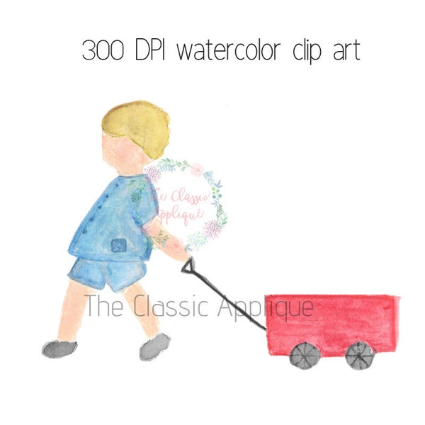 Boy pulling red wagon watercolor PNG digital clip art, little boy clip art, first birthday, hand painted