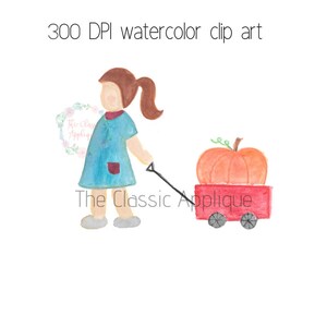 Herbst kleine Mädchen ziehen Kürbis in Wagen Aquarell PNG digital druckbare ClipArt Grafik, Wärmeübertragung, Sublimation, von Hand bemalt