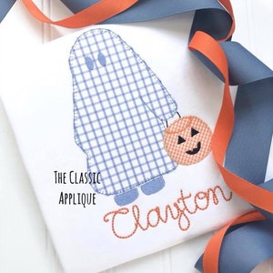 Ghost boy Halloween trick or treater blanket stitch applique with zig zag stitch pumpkin candy bucket machine embroidery design