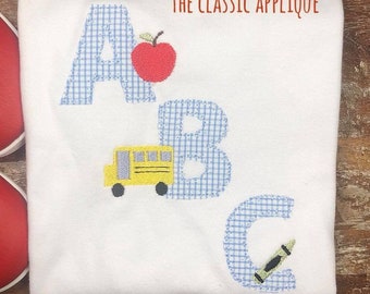 ABC blanket stitch letters with apple, bus, and crayon mini fill embroideries for back to school machine embroidery design
