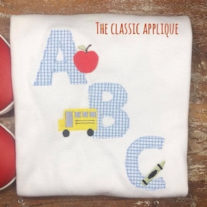 ABC blanket stitch letters with apple, bus, and crayon mini fill embroideries for back to school machine embroidery design