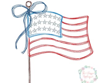 Amerikanische Flagge mit Schleife Doodle Vintage Stitch Stickdatei