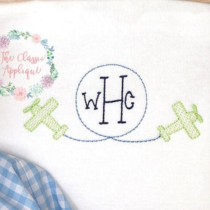 Sketch fill airplanes with vintage stitch circle for monogram frame for three letter or single initial machine embroidery design