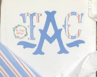elegant fishtail three letter applique monogram blanket stitch font with two flourish ornaments machine embroidery design