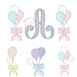 One, two and three birthday balloons with bow blanket stitch applique machine embroidery design file