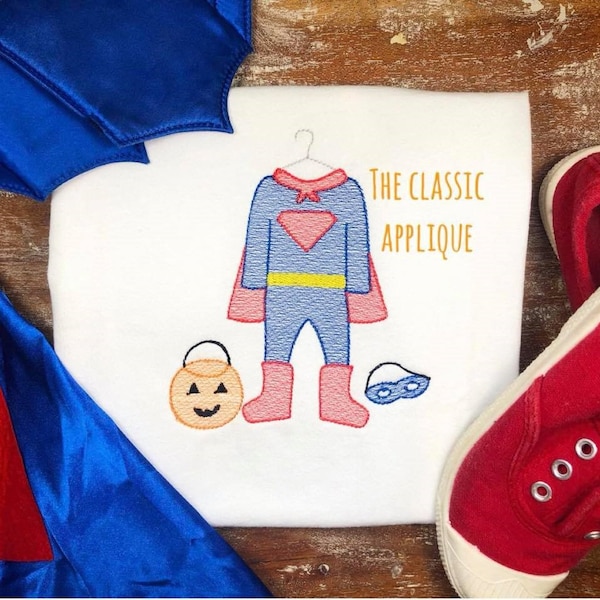 Halloween boy superhero costume with mask and candy bucket sketch fill, light fill, quick stitch machine embroidery design