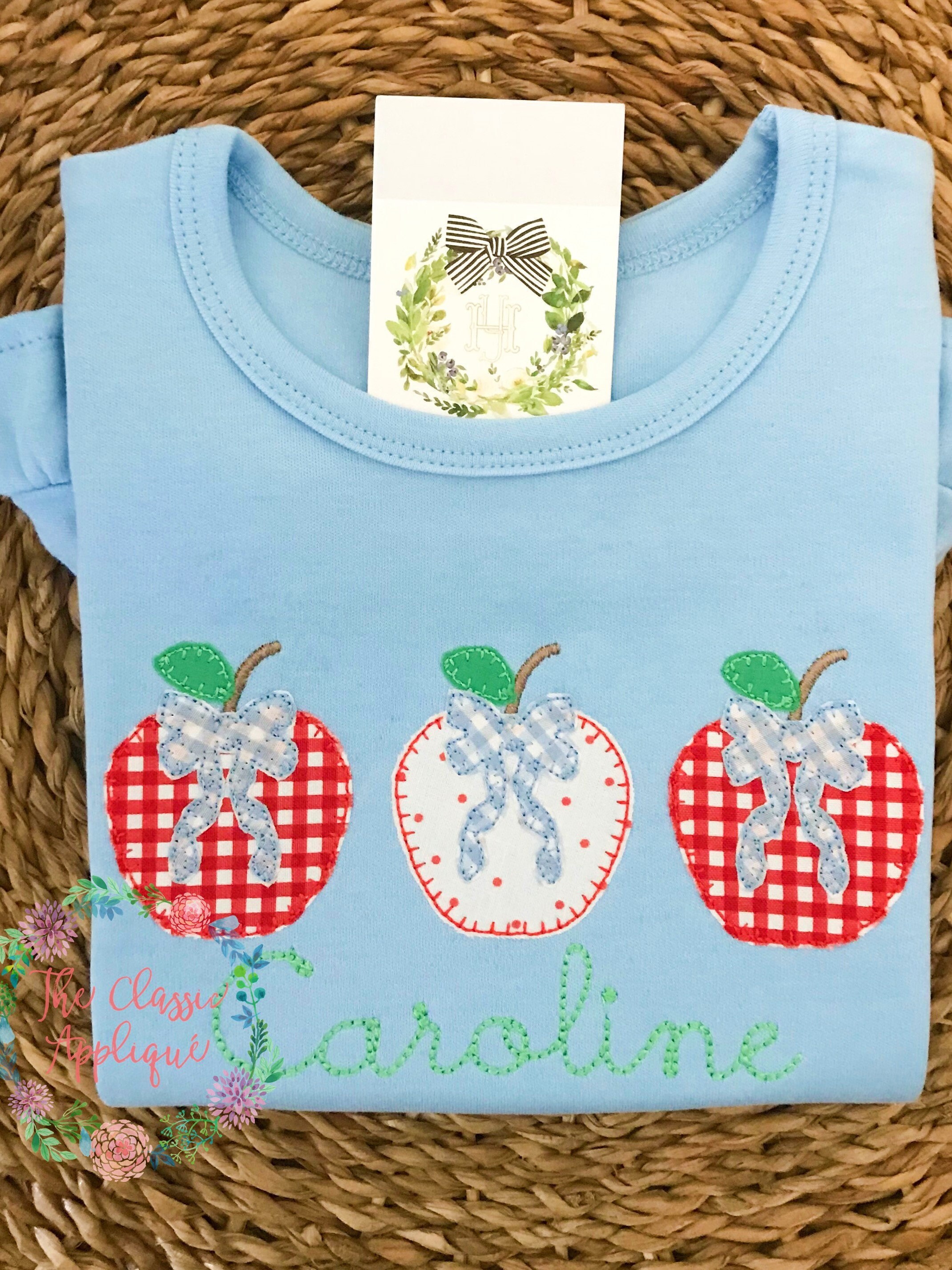 Back to school apple with bow trio girl blanket stitch, vintage style applique machine embroidery design file