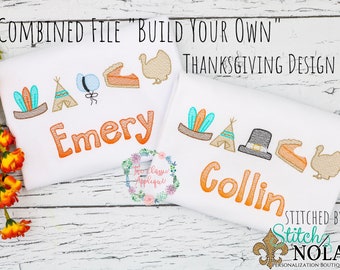 6 separate, combined mini sketch fill Thanksgiving embroidery designs to "Build Your Own" mix and match design
