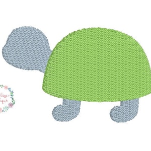 May include: A green and gray embroidered applique of a turtle. The turtle has a green shell and gray head and legs.
