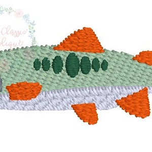 May include: Embroidered fish design in shades of green, orange, and white. The fish has a textured appearance with detailed stitching, featuring a dark eye and dark green oval shapes along its body. The fins and tail are orange.