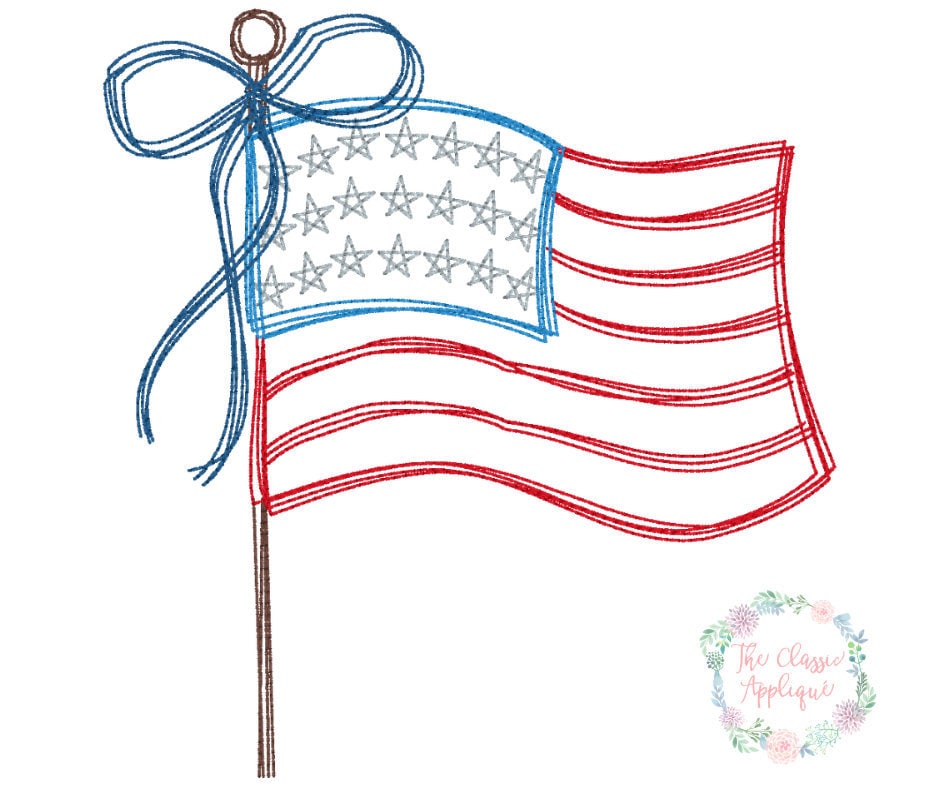 Patriotic American flag with bow doodle vintage stitch machine embroi…