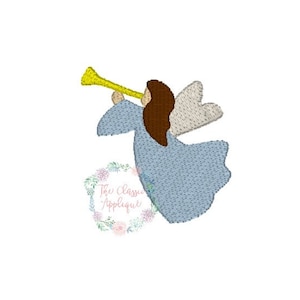 May include: A blue angel with brown hair and wings plays a yellow trumpet. The angel is flying in the air.