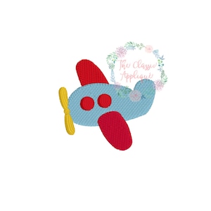 May include: A blue airplane with red wings and yellow propeller. The airplane has two red circles for windows.