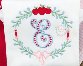 Back to school monogram frame with crayon and apples machine embroidery design file