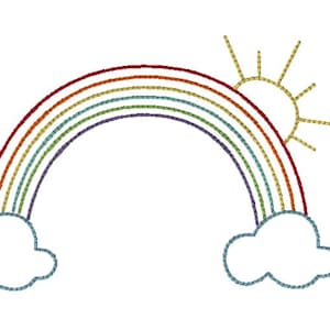 Pode incluir: Um arco-íris com sete cores, um sol com raios e duas nuvens. O arco-íris é vermelho, laranja, amarelo, verde, azul, anil e violeta. O sol é amarelo. As nuvens são brancas.