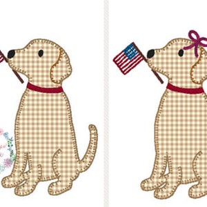 Patriotic sitting lab dog with vintage stitch flag and addtional ADD ON BOW blanket stitch applique machine embroidery design