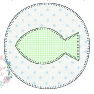 May include: A green and white gingham fish applique with a stitched outline. The fish is on a white background with blue polka dots.