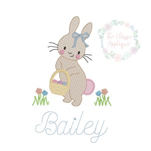 Easter bunny with bow holding Easter basket sketch fill, light fill, quick stitch machine embroidery design file