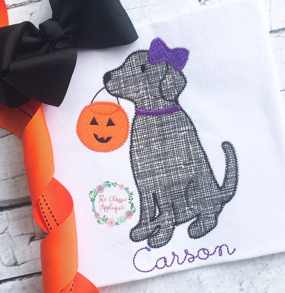 Halloween Girl Trick or Treater Dog With Bow and Candy Bucket Zig Zag ...