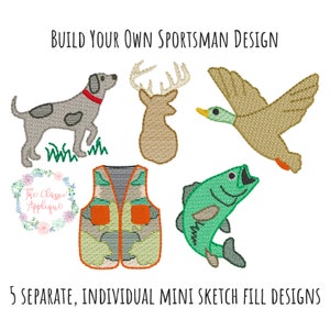 5 separate, individual mini sketch fill hunting and fishing quick stitch machine embroidery design file